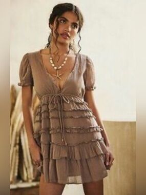 Free People Free-est Darcy Tiered Ruffle Mini Dress Cotton Tie Waist Taupe Small